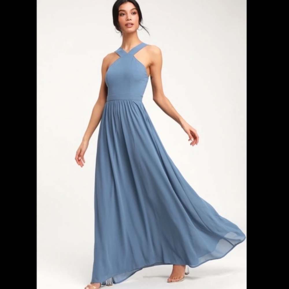 Sleeveless Cross-Neck Maxi Dress in Dusty Blue